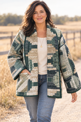 Quilt Jacket- 3X-tall “Evergreen Log Cabin Grande” OSFA to 3X- tall