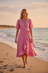 Pink Linen Wrap Ruffled Hem Dress