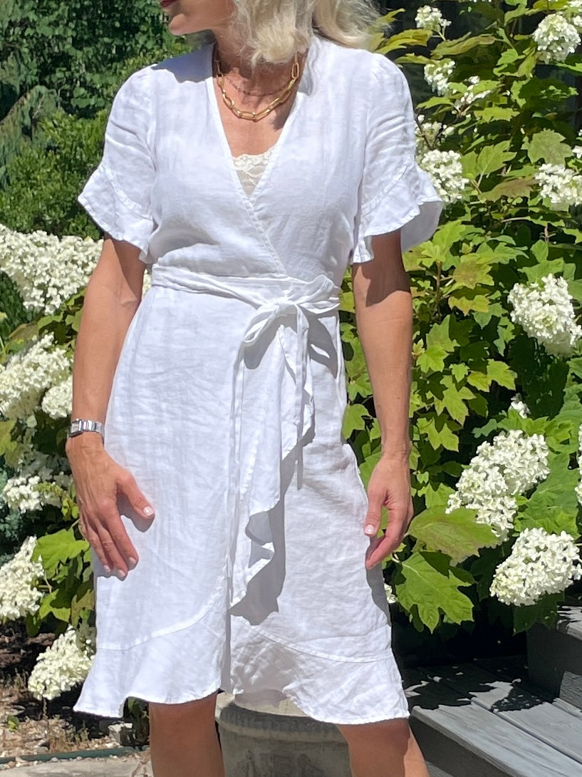 A White Linen Wrap Dress - XS / White A White Linen Wrap Dress - XS / White