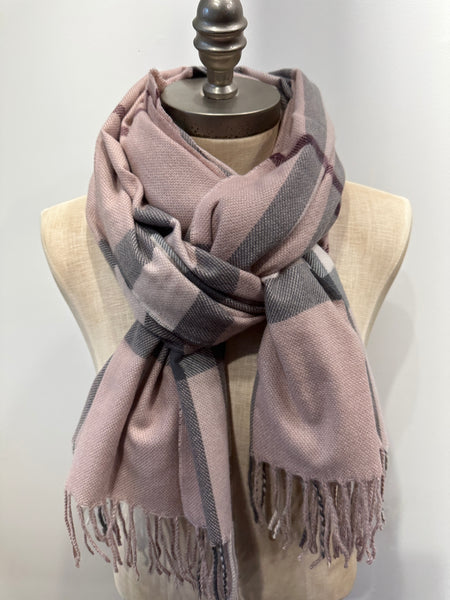 Shawl scarf fringed warm pink gray