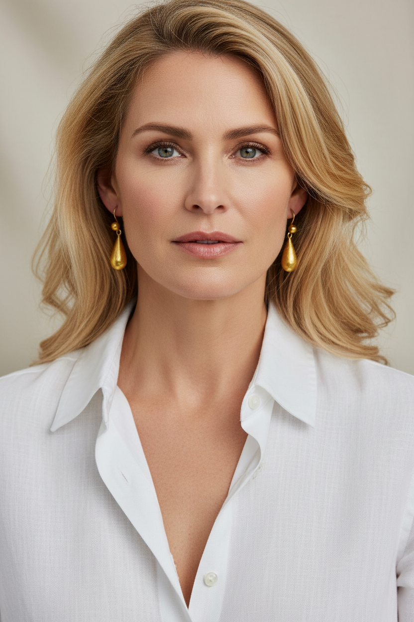 18k Gold drop earrings, ball accent