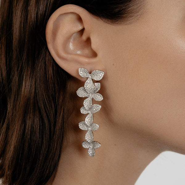 Long Pavé flower drop earrings