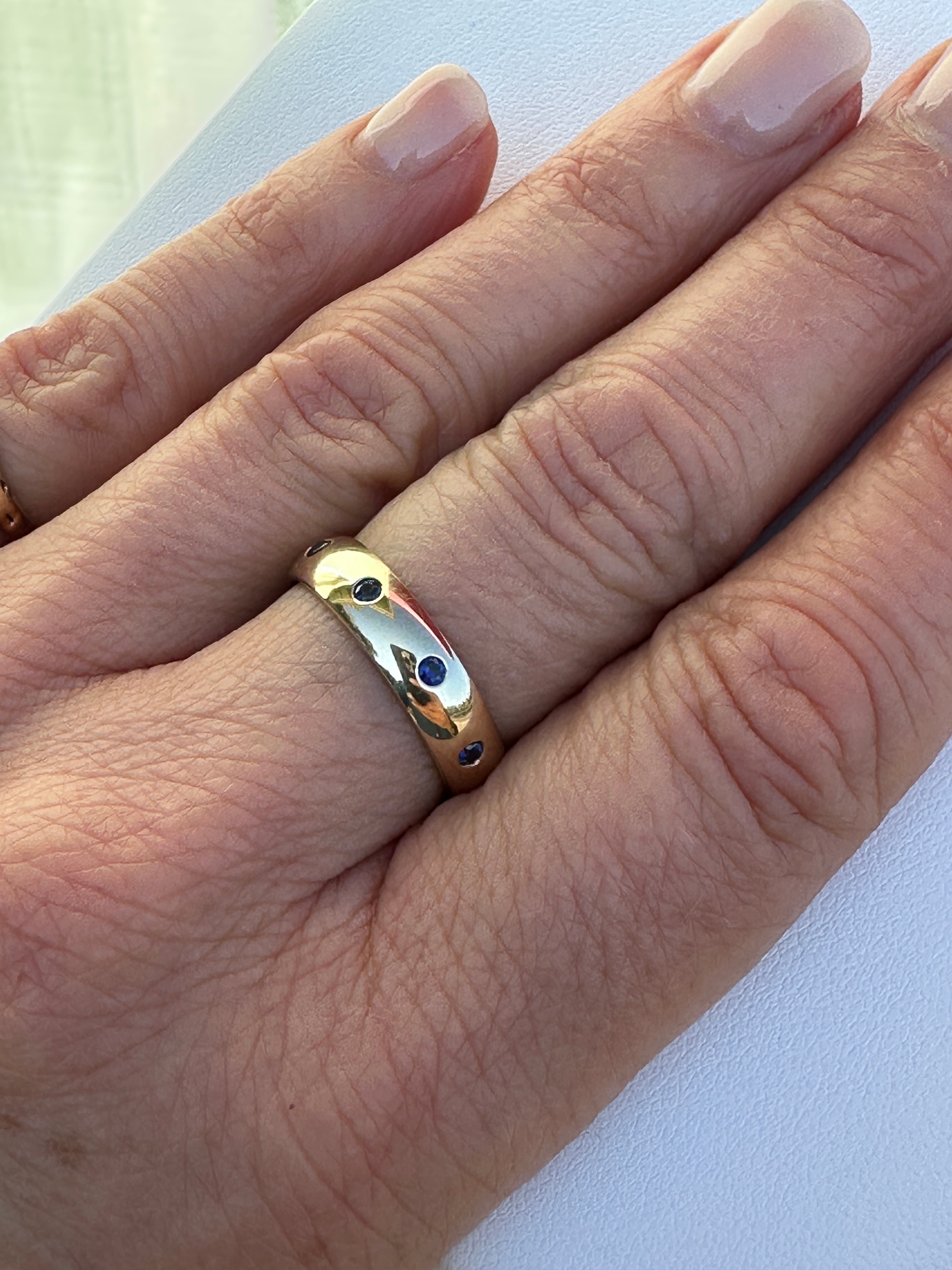 Blue sapphire  wide  band eternity 14k ring