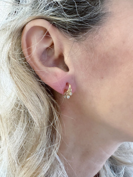 Three round diamond fringe  tiny hoop earrings