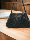 French style woven leather shoulder bag, black