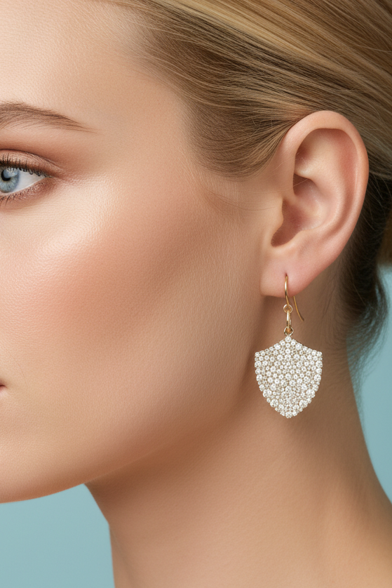 Diamond encrusted shield of faith earrings 18k