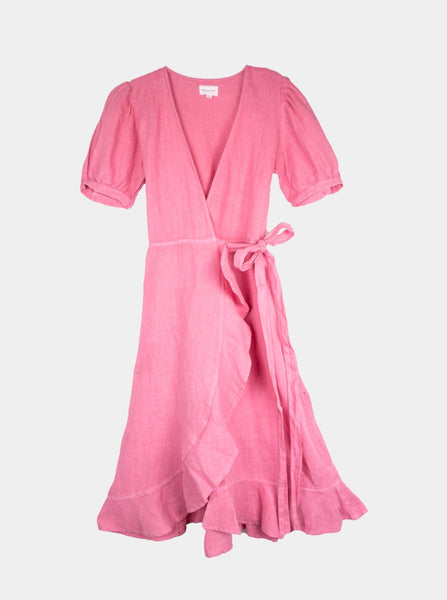 Pink Linen Wrap Ruffled Hem Dress